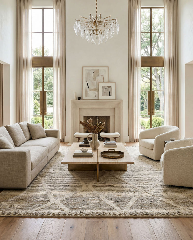 Manisa MNS-2307 Hand Woven Rug as the centerpiece of a bright luxury living room — a hand woven global area rug in cream and black tones