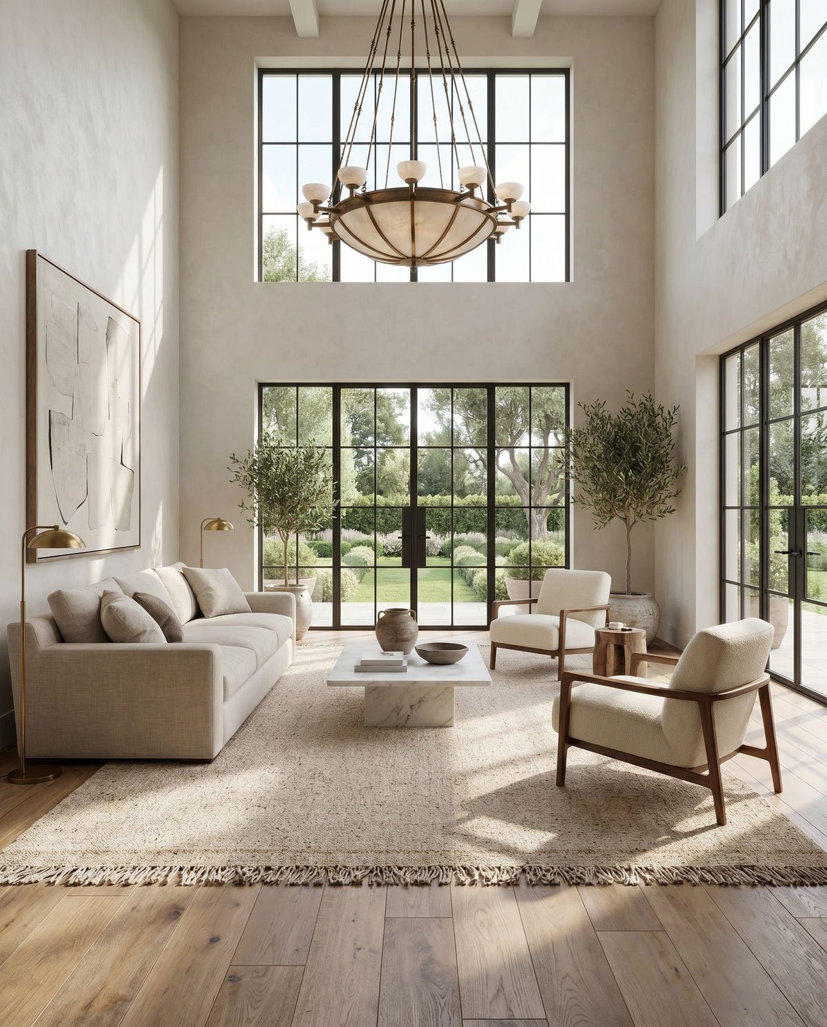Aarhus ARU-2301 Hand Woven Rug as the centerpiece of a bright luxury living room — a hand woven cottage area rug in tan tones