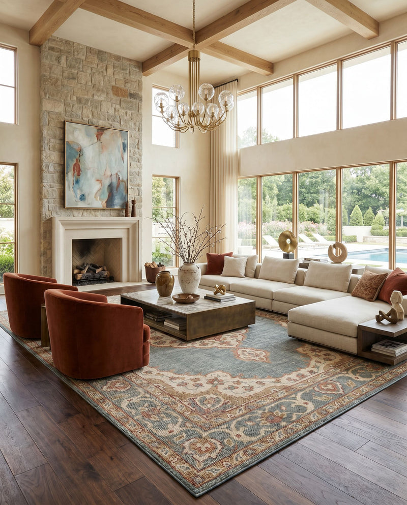 Zahra ZHA-2301 Hand Knotted Rug as the centerpiece of a bright luxury living room — a hand knotted traditional area rug in dusty sage, olive, rust and burnt orange tones