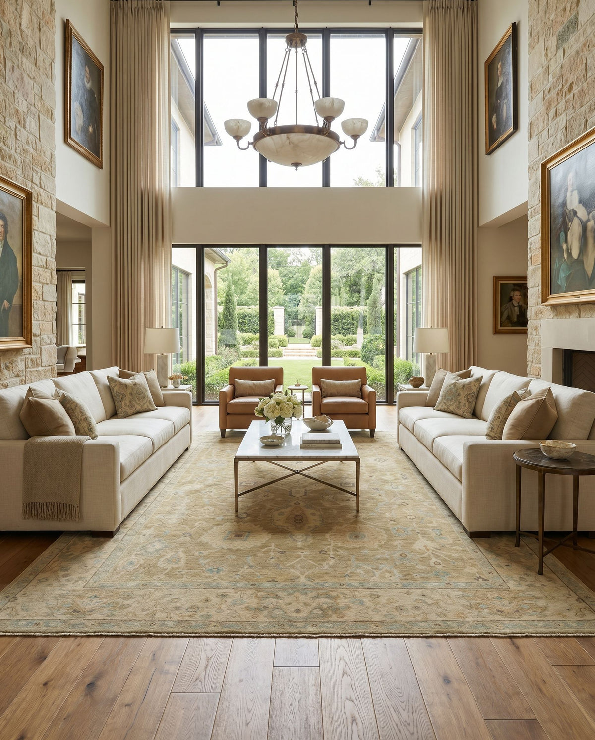 Normandy NOY-8008 Hand Knotted Rug as the centerpiece of a bright luxury living room — a hand knotted traditional area rug in light olive, beige, seafoam and dark brown tones