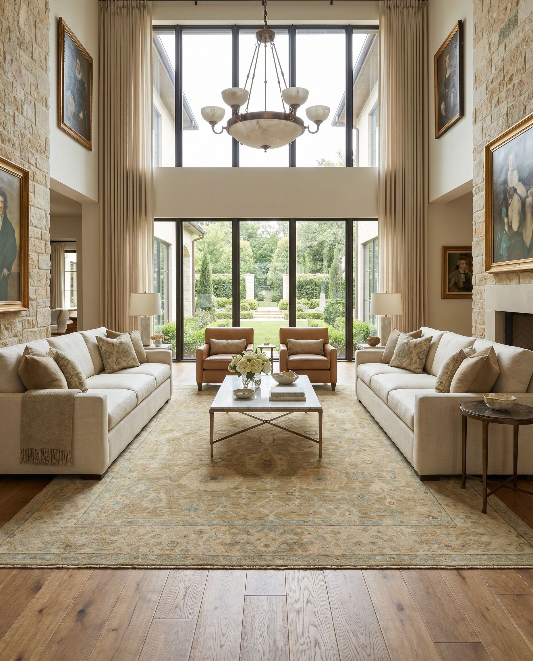 Normandy NOY-8008 Hand Knotted Rug as the centerpiece of a bright luxury living room — a hand knotted traditional area rug in light olive, beige, seafoam and dark brown tones