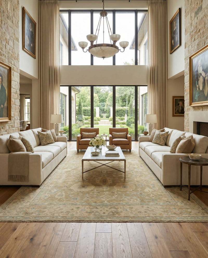 Normandy NOY-8008 Hand Knotted Rug as the centerpiece of a bright luxury living room — a hand knotted traditional area rug in light olive, beige, seafoam and dark brown tones