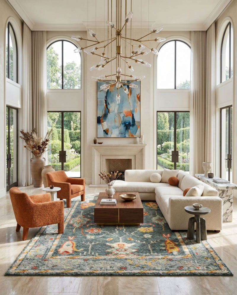 Marrakech MRK-2305 Hand Knotted Rug as the centerpiece of a bright luxury living room — a hand knotted traditional area rug in charcoal, mustard, rust and pale blue tones