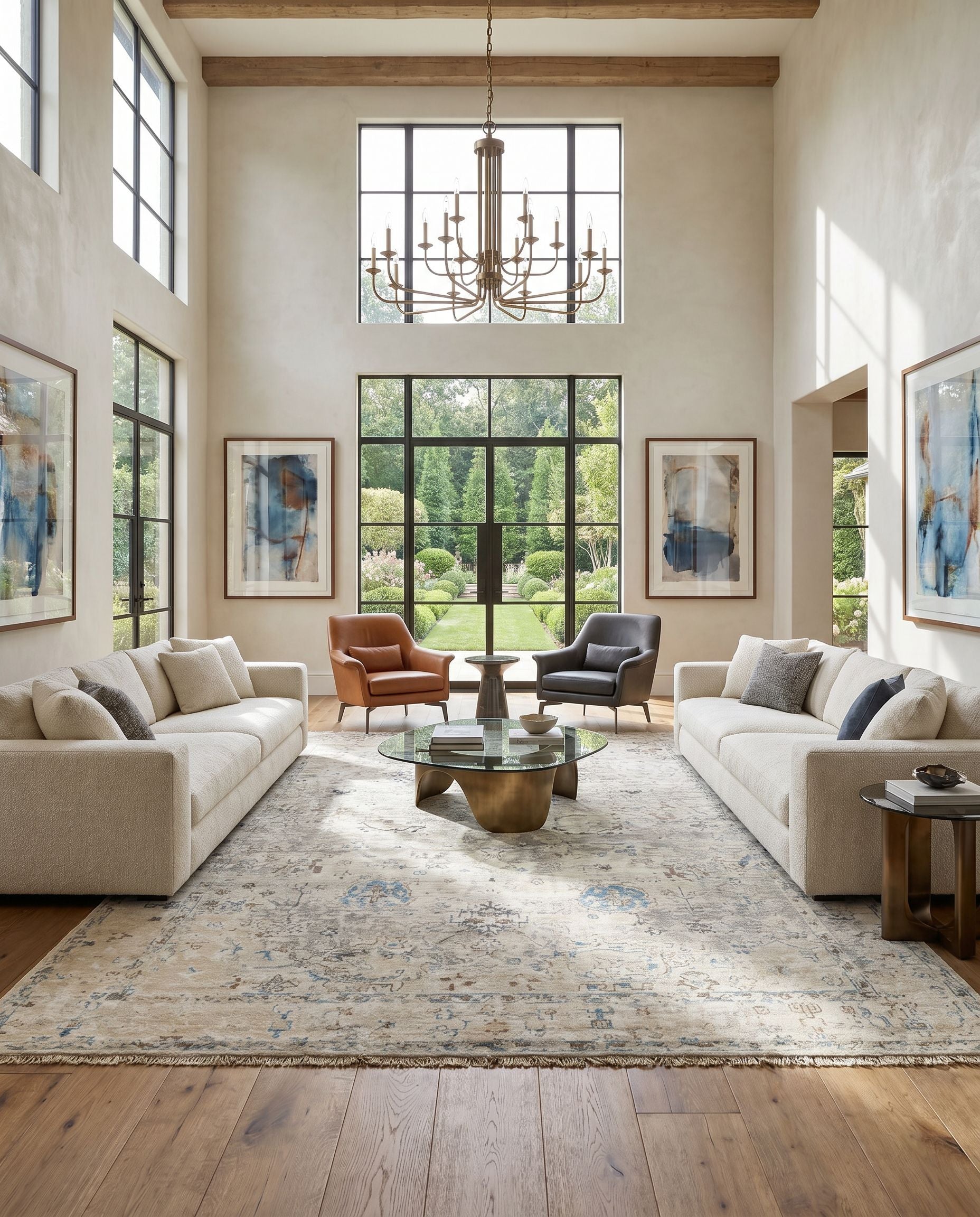 Theodora THO-3008 Hand Knotted Rug as the centerpiece of a bright luxury living room — a hand knotted traditional area rug in denim, sky blue, brown and charcoal tones