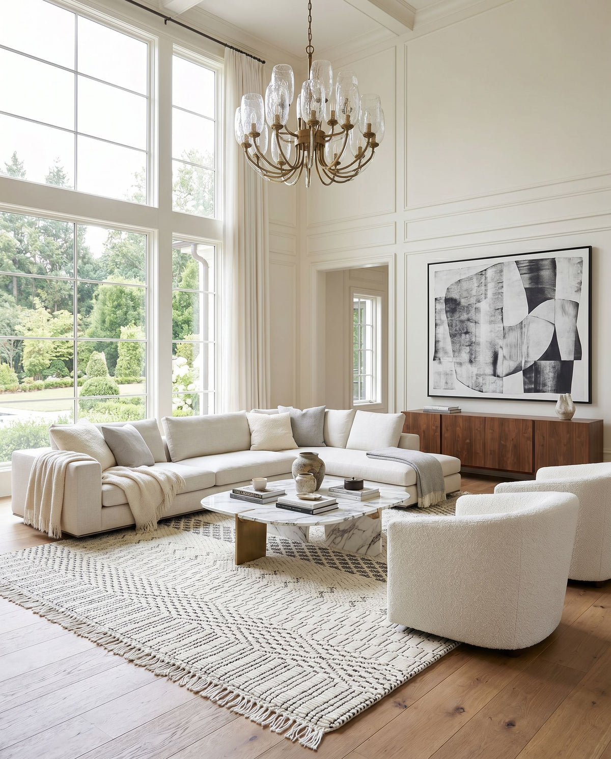 Saint Clair SIC-2302 Hand Woven Rug as the centerpiece of a bright luxury living room — a hand woven global area rug in black and cream tones