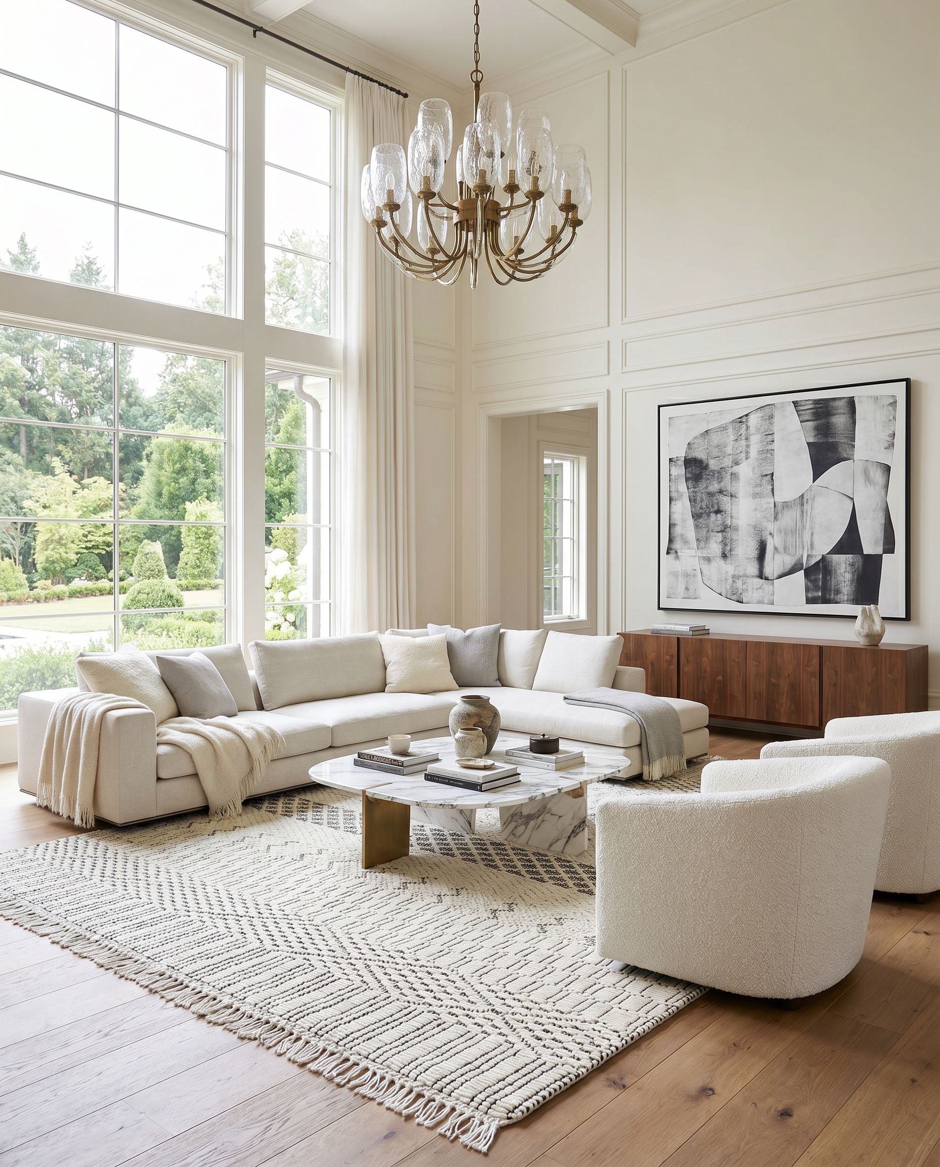 Saint Clair SIC-2302 Hand Woven Rug as the centerpiece of a bright luxury living room — a hand woven global area rug in black and cream tones