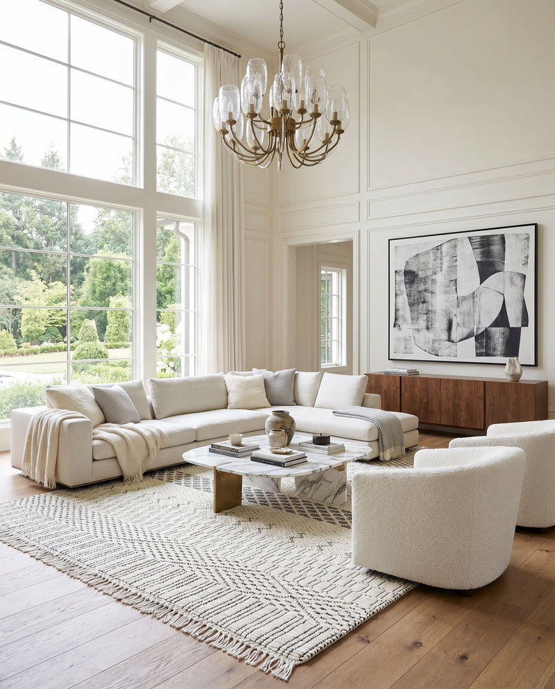 Saint Clair SIC-2302 Hand Woven Rug as the centerpiece of a bright luxury living room — a hand woven global area rug in black and cream tones