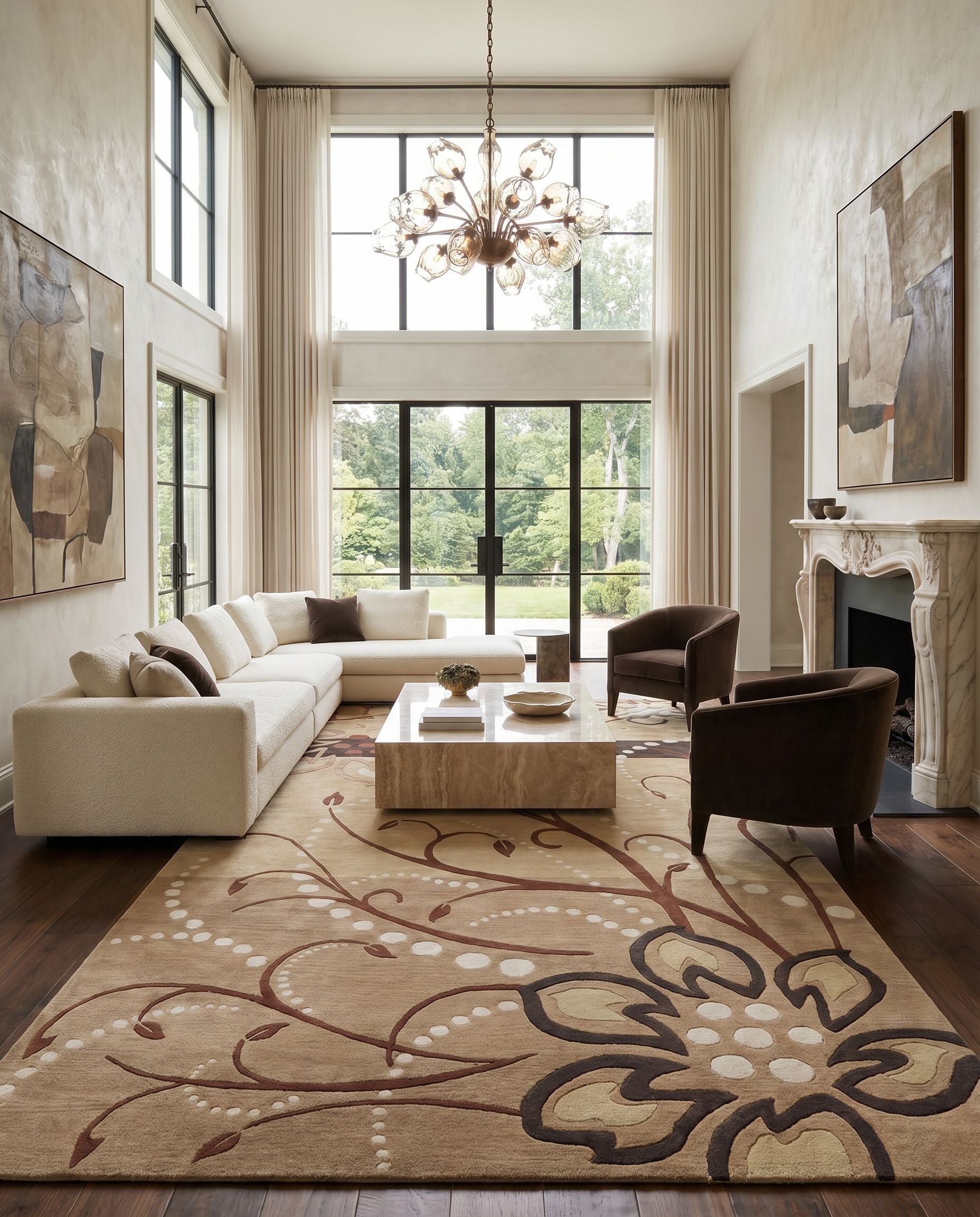 Athena ATH-5006 Hand Tufted Rug as the centerpiece of a bright luxury living room — a hand tufted modern area rug in mustard, brown, beige and dark brown tones