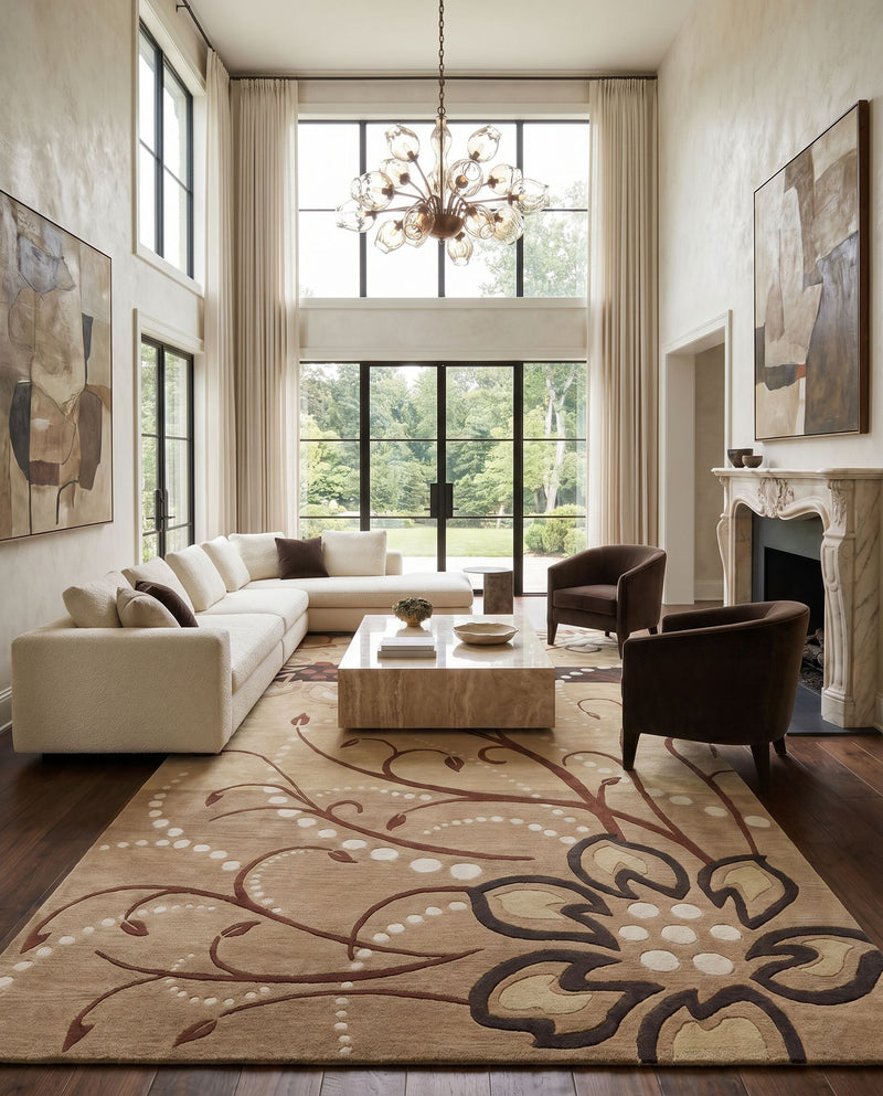 Athena ATH-5006 Hand Tufted Rug as the centerpiece of a bright luxury living room — a hand tufted modern area rug in mustard, brown, beige and dark brown tones