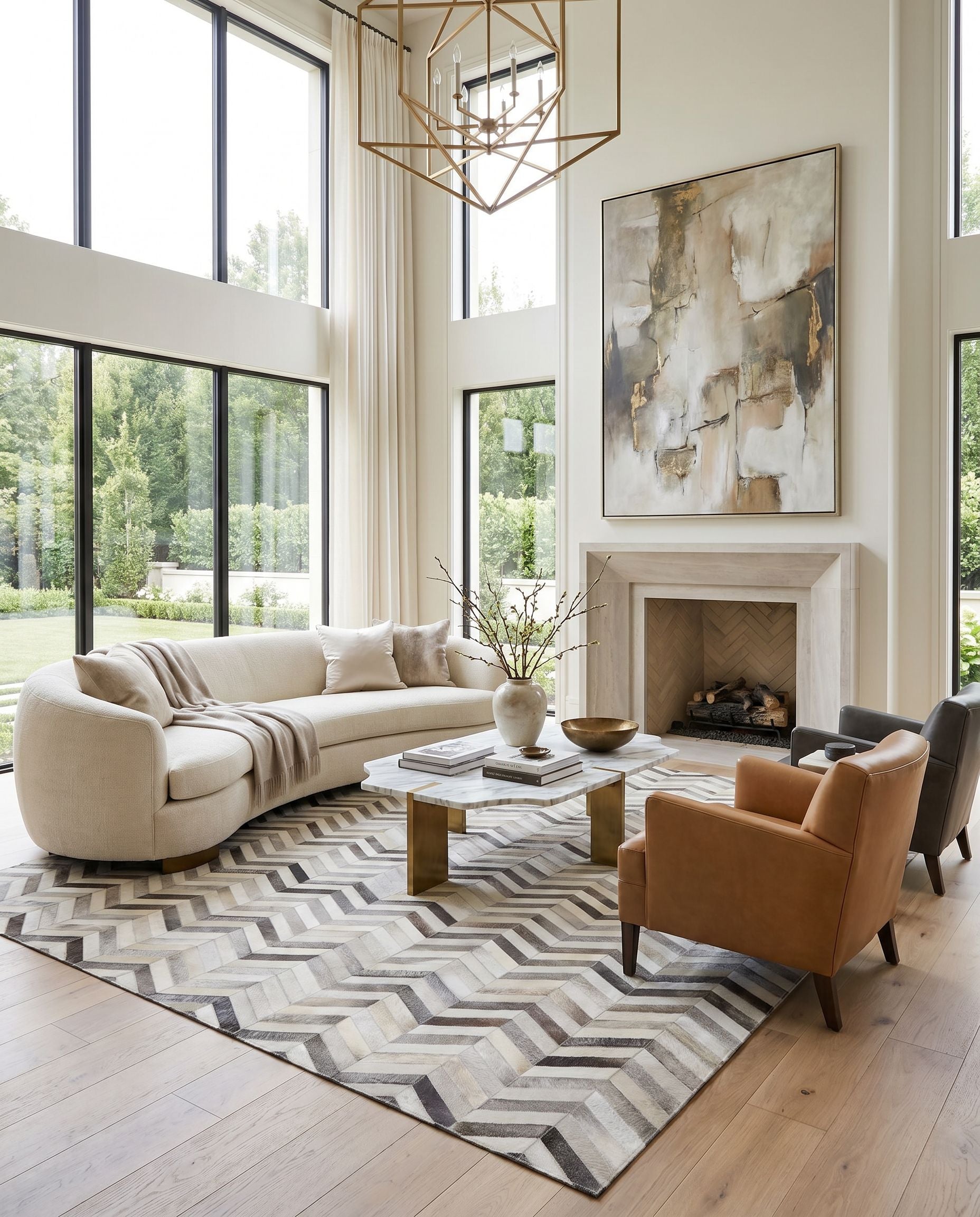 Trail TRL-1129 Hand Crafted Rug as the centerpiece of a bright luxury living room — a hand crafted modern area rug in light gray, gray, taupe and charcoal tones