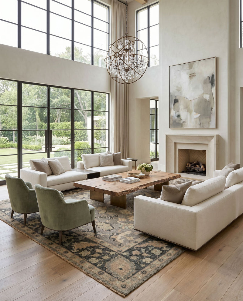 Reign REG-2320 Hand Knotted Rug as the centerpiece of a bright luxury living room — a hand knotted traditional area rug in beige, brown, olive and black tones