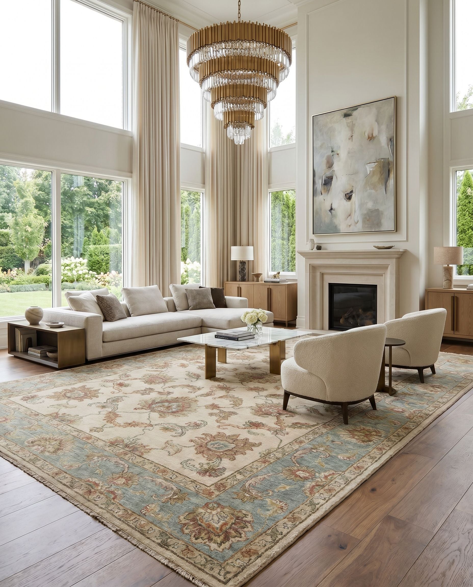 Timeless TIM-7913 Hand Knotted Rug as the centerpiece of a bright luxury living room — a hand knotted traditional area rug in light beige, seafoam, light gray and dusty sage tones