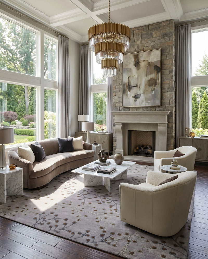 Athena ATH-5055 Hand Tufted Rug as the centerpiece of a bright luxury living room — a hand tufted cottage area rug in dusty sage, medium gray and dark brown tones