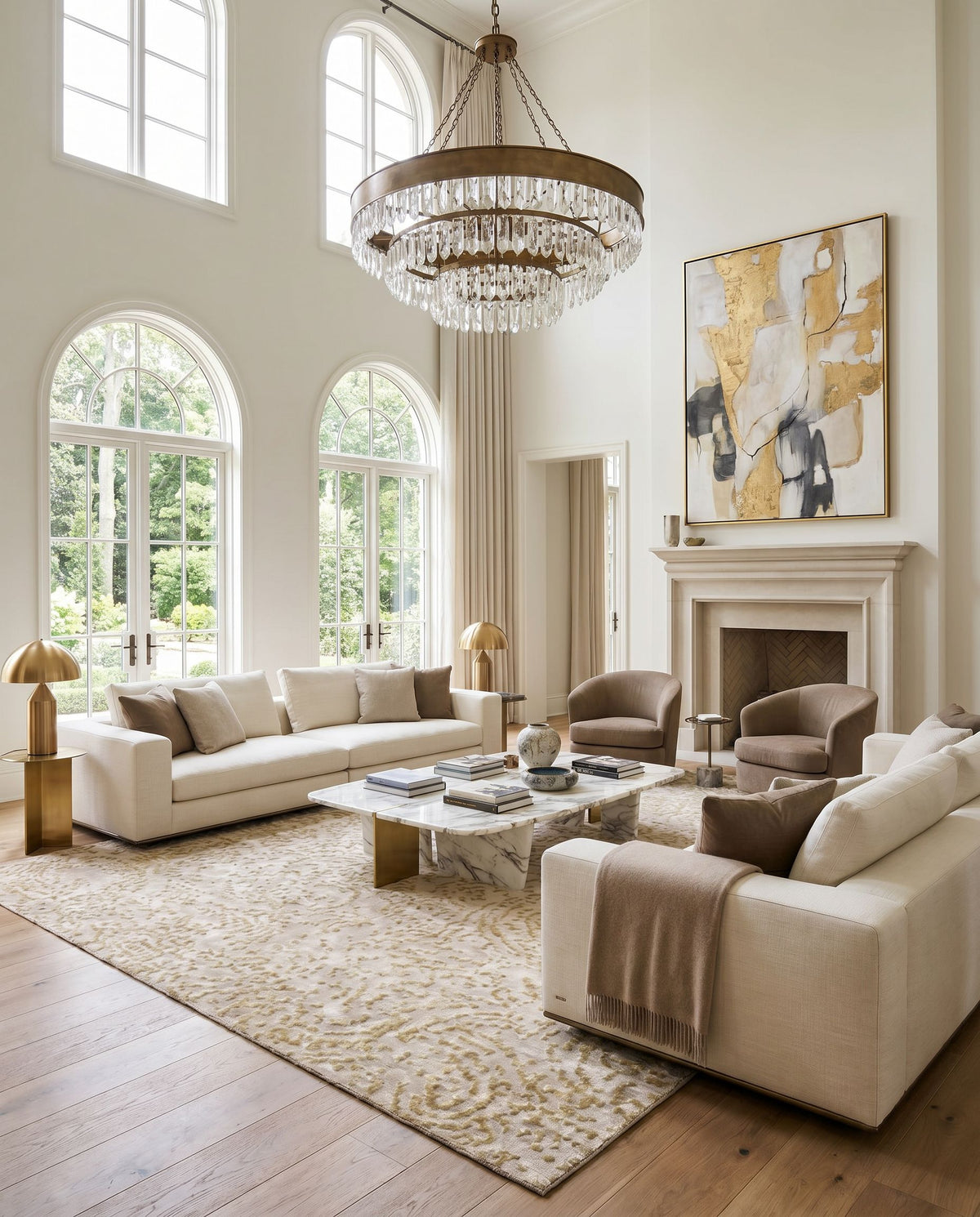 Shibui SH-7414 Hand Knotted Rug as the centerpiece of a bright luxury living room — a hand knotted modern area rug in medium gray, mustard and taupe tones