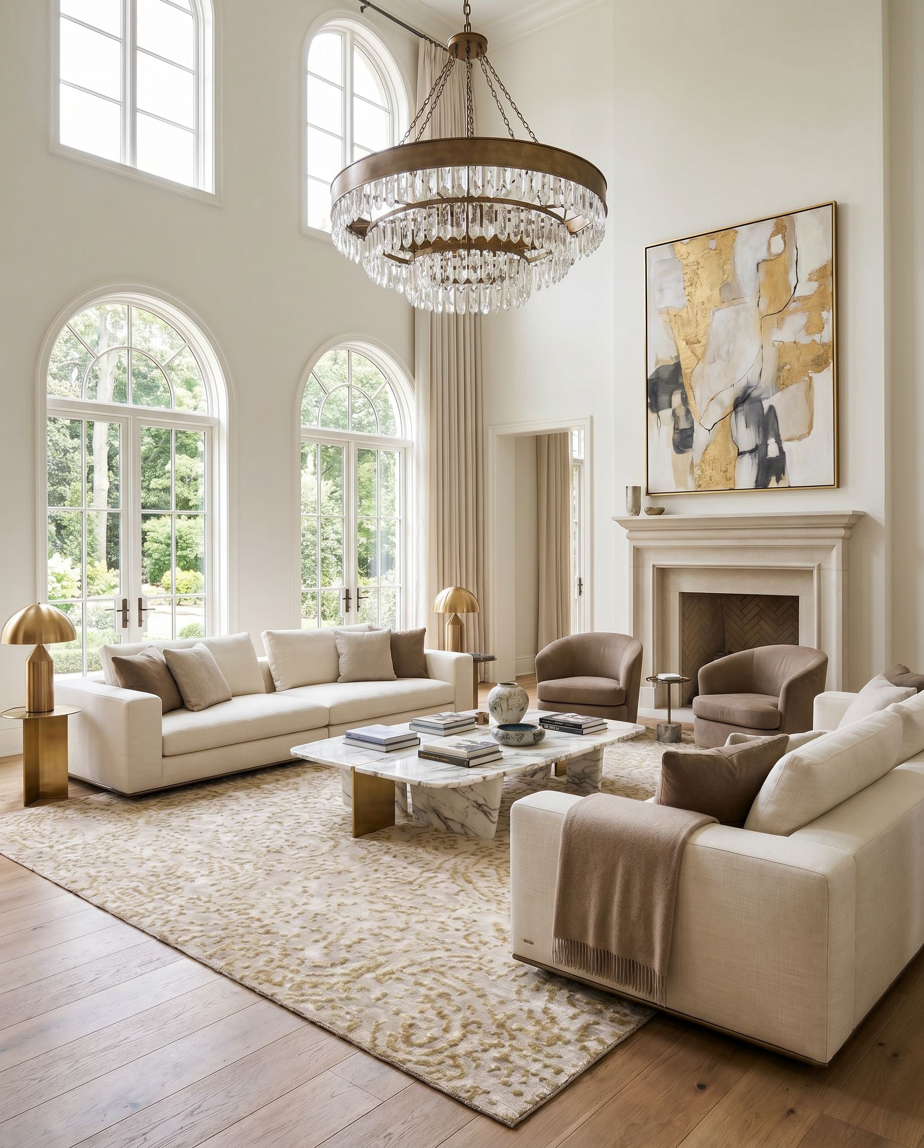 Shibui SH-7414 Hand Knotted Rug as the centerpiece of a bright luxury living room — a hand knotted modern area rug in medium gray, mustard and taupe tones