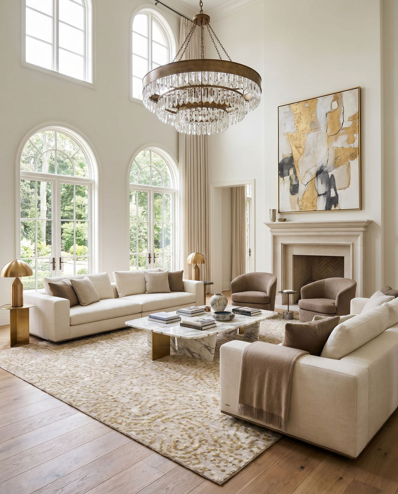 Shibui SH-7414 Hand Knotted Rug as the centerpiece of a bright luxury living room — a hand knotted modern area rug in medium gray, mustard and taupe tones