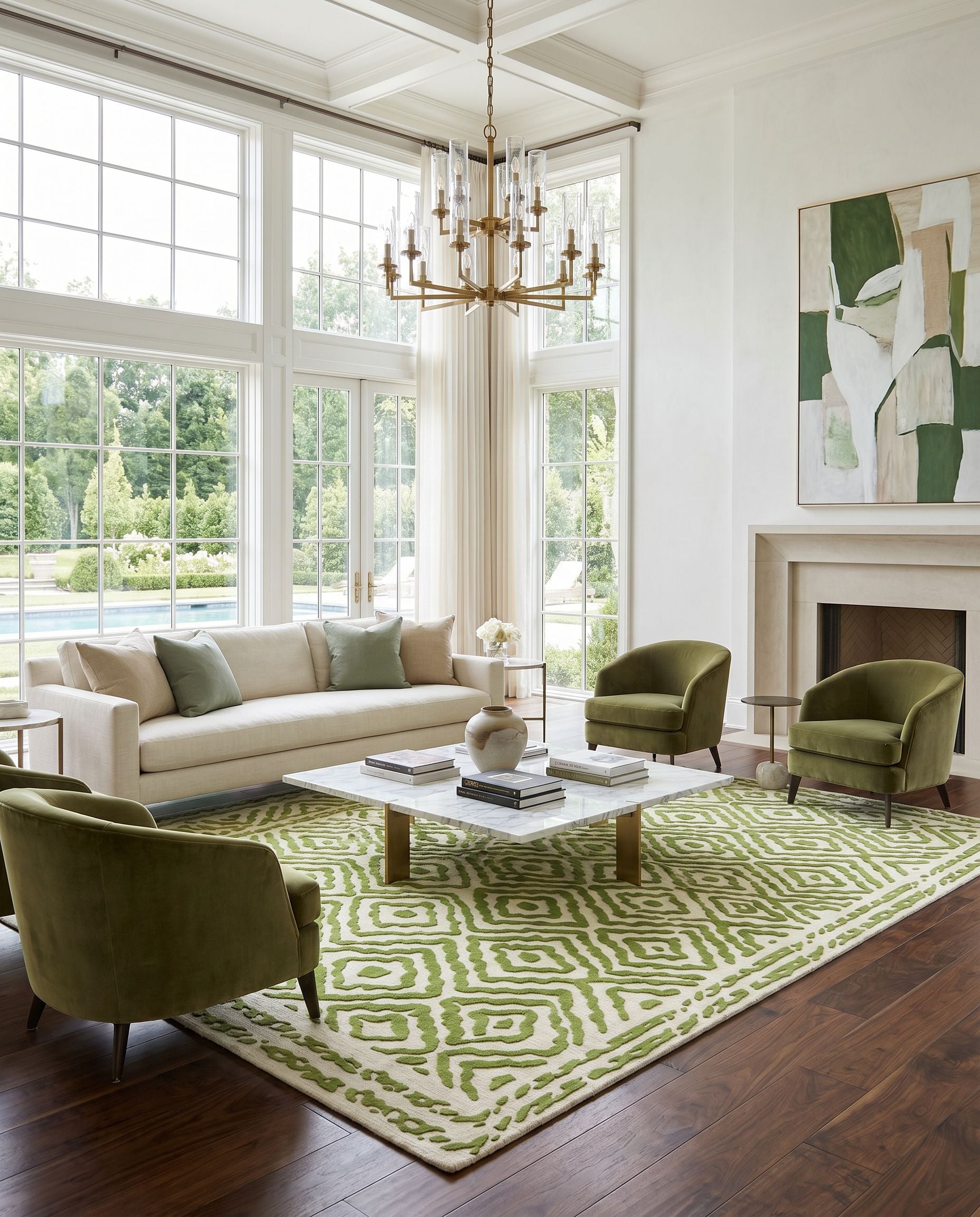 Atlas ATS-1009 Hand Knotted Rug as the centerpiece of a bright luxury living room — a hand knotted traditional area rug in grass green and light beige tones