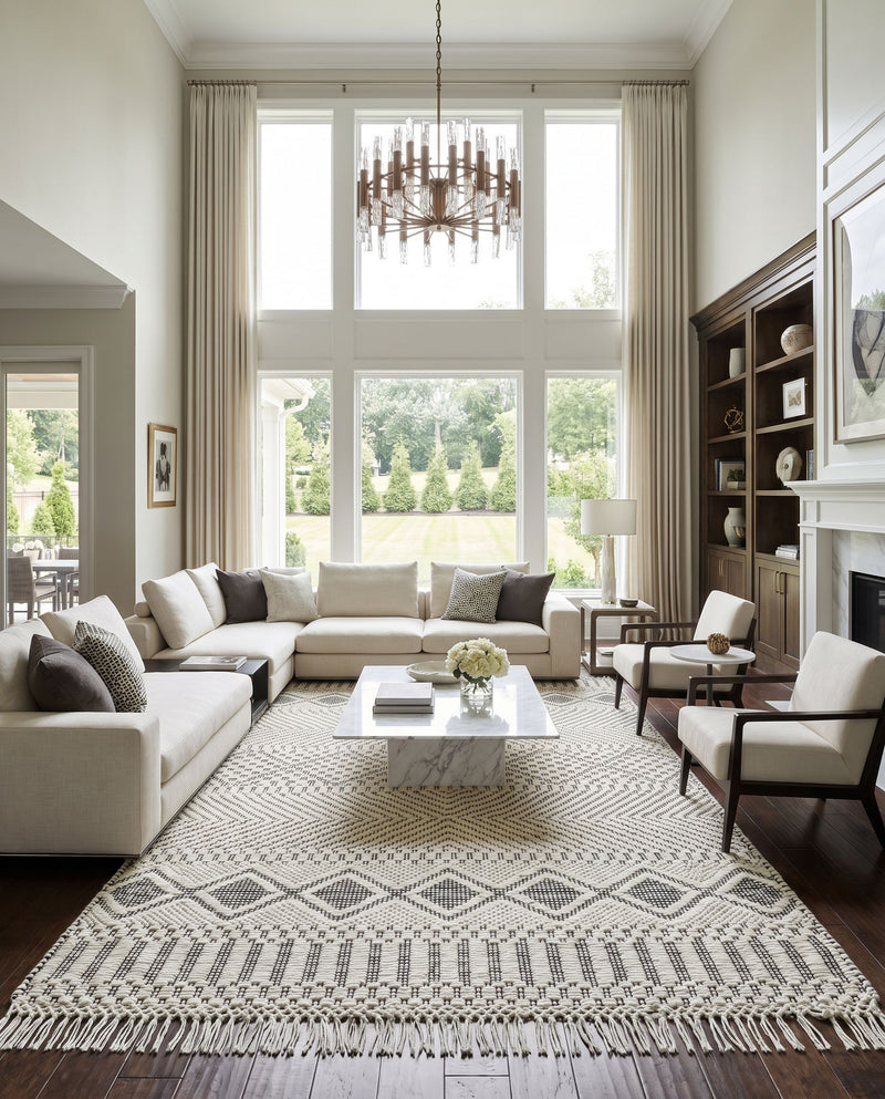 Saint Clair SIC-2300 Hand Woven Rug as the centerpiece of a bright luxury living room — a hand woven global area rug in black and cream tones