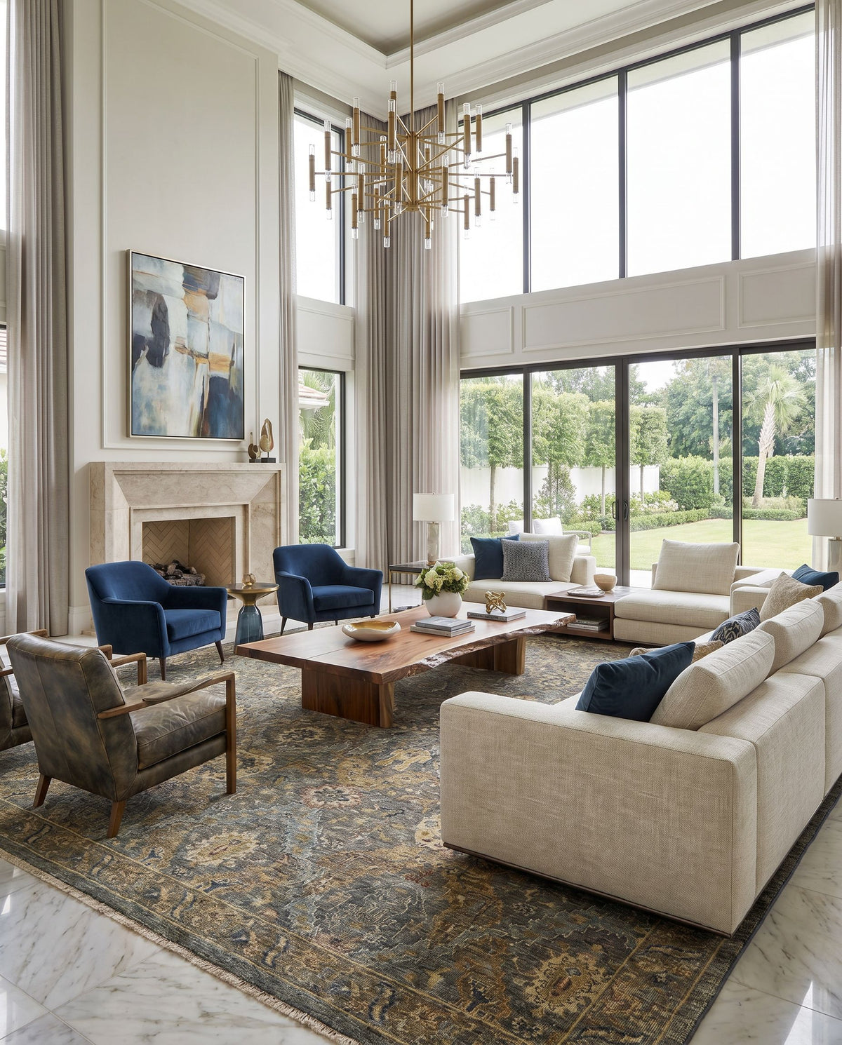 Anatolia ANY-2302 Hand Knotted Rug as the centerpiece of a bright luxury living room — a hand knotted traditional area rug in medium green, sage, mustard and brown tones