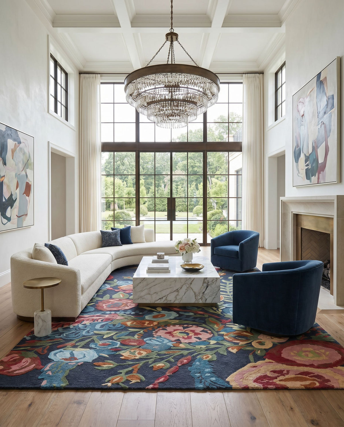 Shindig SDG-2306 Hand Tufted Rug as the centerpiece of a bright luxury living room — a hand tufted cottage area rug in midnight blue, crimson, coral and mustard tones
