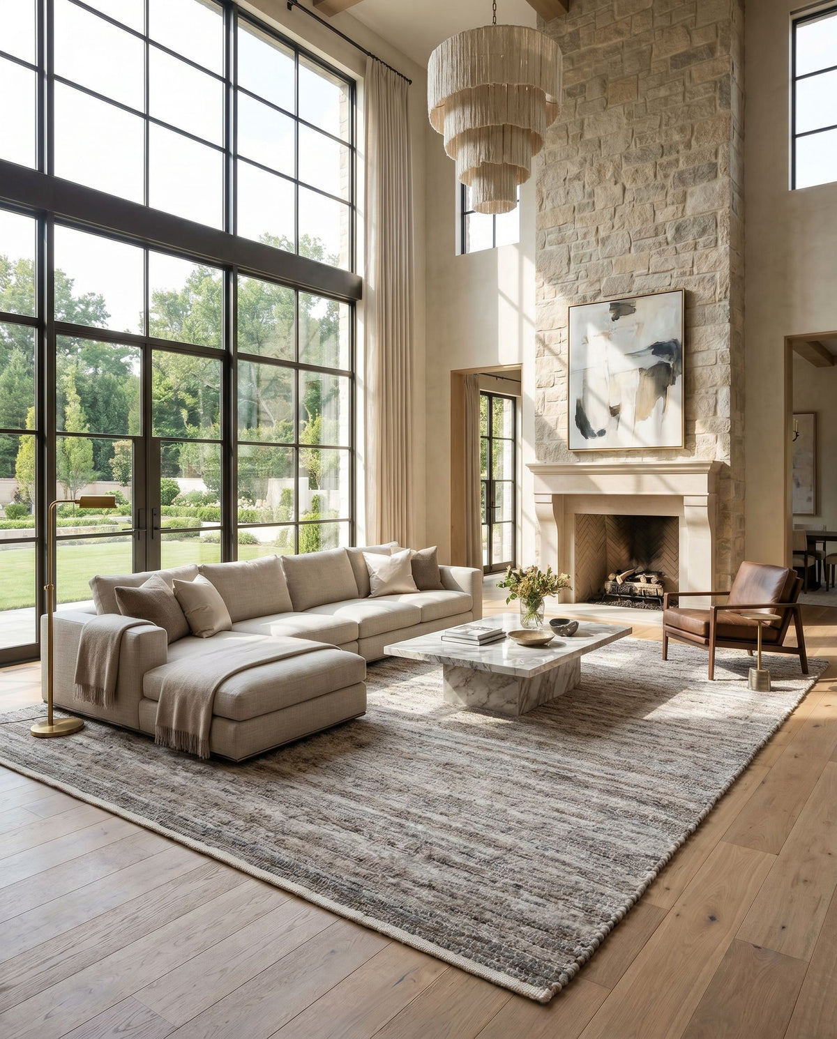 Florentina FLT-2300 Hand Woven Rug as the centerpiece of a bright luxury living room — a hand woven cottage area rug in gray, medium gray and light gray tones