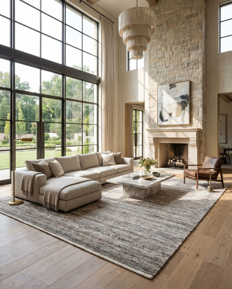 Florentina FLT-2300 Hand Woven Rug as the centerpiece of a bright luxury living room — a hand woven cottage area rug in gray, medium gray and light gray tones