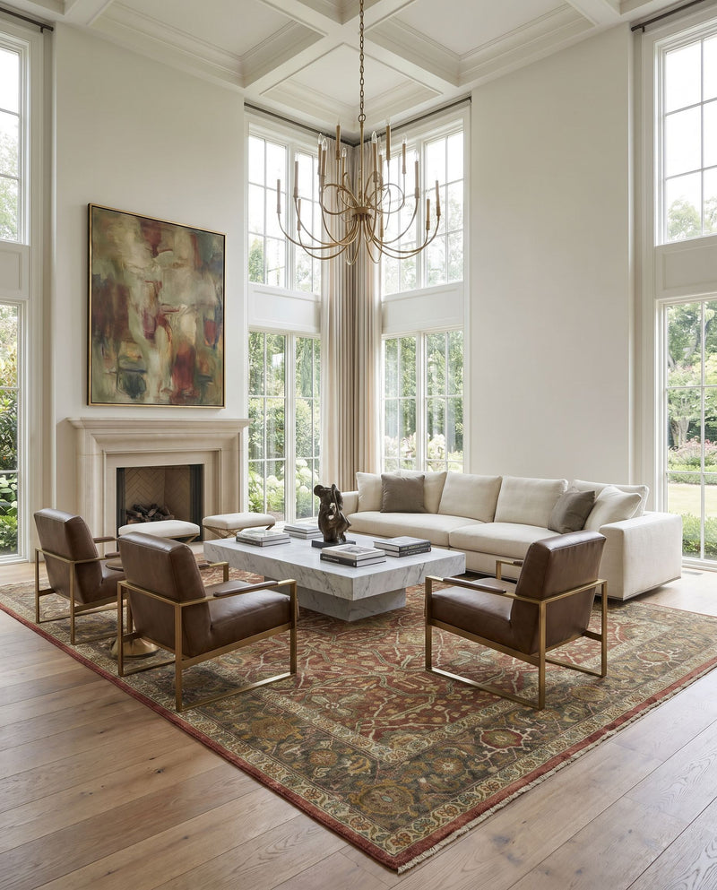 Pazyryk PZY-1001 Hand Knotted Rug as the centerpiece of a bright luxury living room — a hand knotted traditional area rug in rust, dark brown, yellow and grass green tones