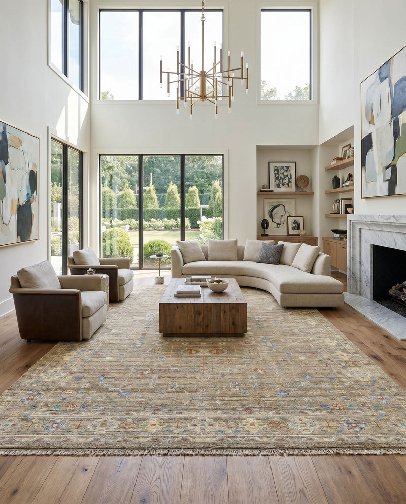 Kushal KUS-2307 Hand Knotted Rug as the centerpiece of a bright luxury living room — a hand knotted traditional area rug in light brown, brown, medium gray and tan tones