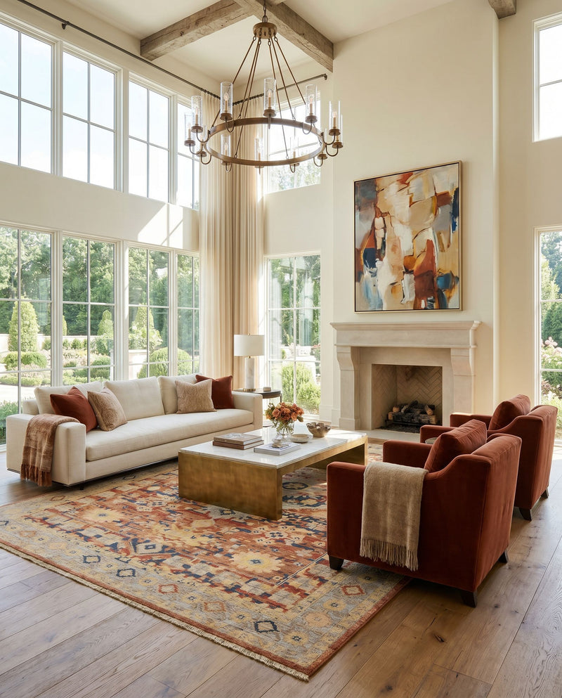 Cappadocia CPP-5026 Hand Knotted Rug as the centerpiece of a bright luxury living room — a hand knotted traditional area rug in rust, light sage, slate and tan tones