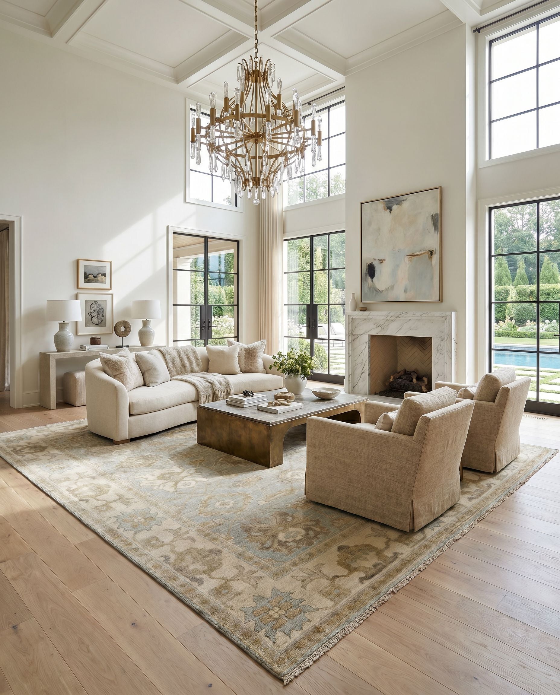 Hillcrest HIL-9033 Hand Knotted Rug as the centerpiece of a bright luxury living room — a hand knotted traditional area rug in wheat, light sage, mustard and beige tones