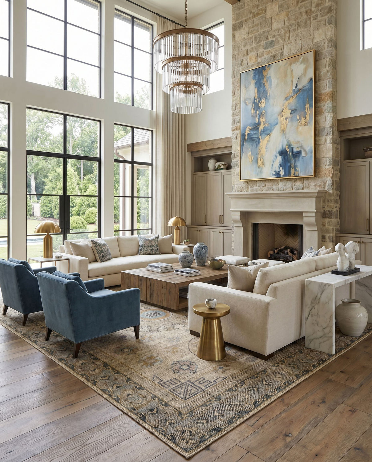 Smyrna SMY-2301 Hand Knotted Rug as the centerpiece of a bright luxury living room — a hand knotted traditional area rug in medium green, mustard, mauve and light blue tones