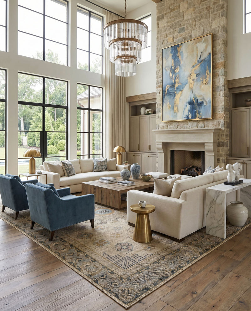 Smyrna SMY-2301 Hand Knotted Rug as the centerpiece of a bright luxury living room — a hand knotted traditional area rug in medium green, mustard, mauve and light blue tones