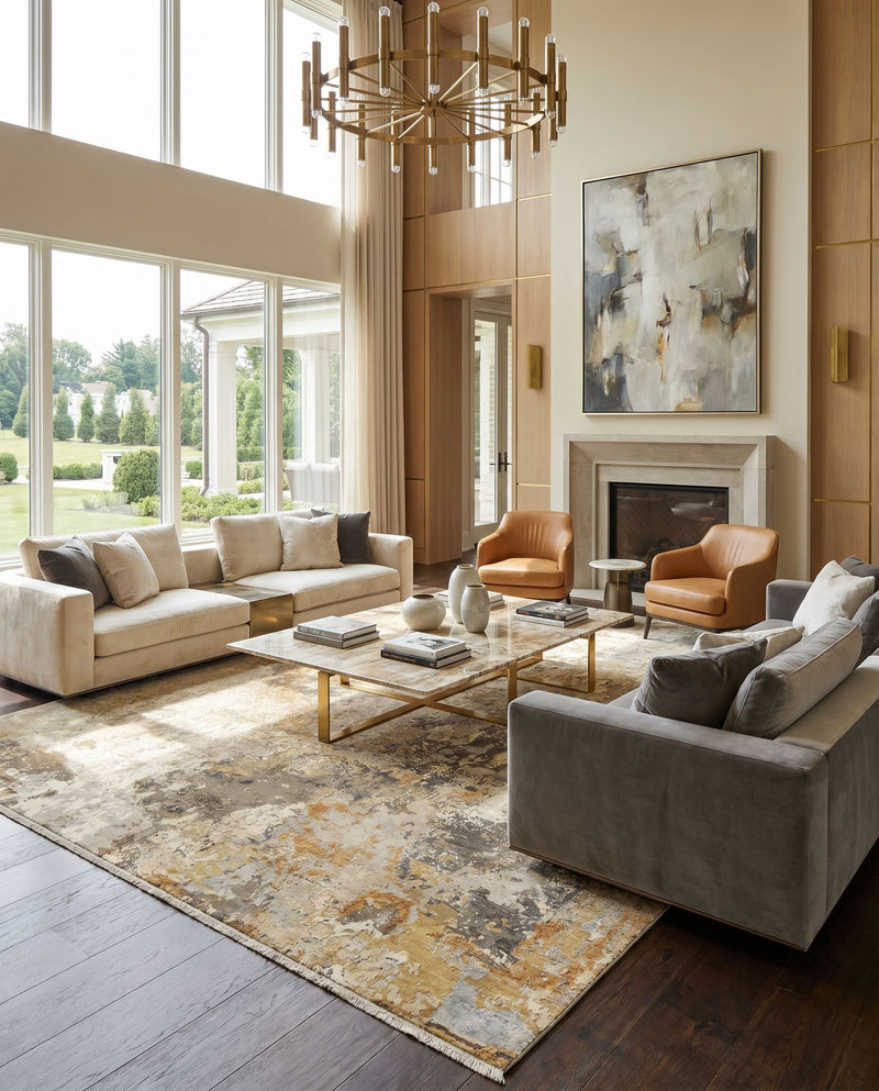 Colaba COA-2004 Hand Knotted Rug as the centerpiece of a bright luxury living room — a hand knotted modern area rug in sage, dusty sage, mustard and light olive tones