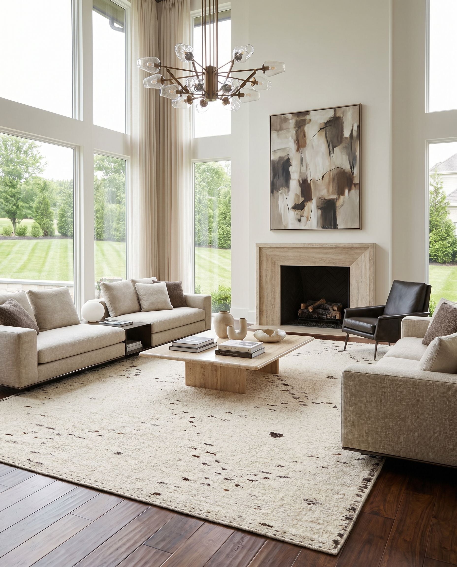 Machu Picchu MCU-1004 Hand Woven Rug as the centerpiece of a bright luxury living room — a hand woven global area rug in light beige, medium gray and dark brown tones