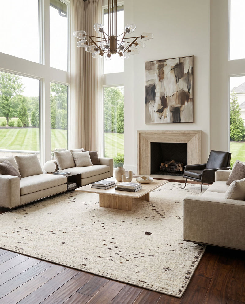 Machu Picchu MCU-1004 Hand Woven Rug as the centerpiece of a bright luxury living room — a hand woven global area rug in light beige, medium gray and dark brown tones