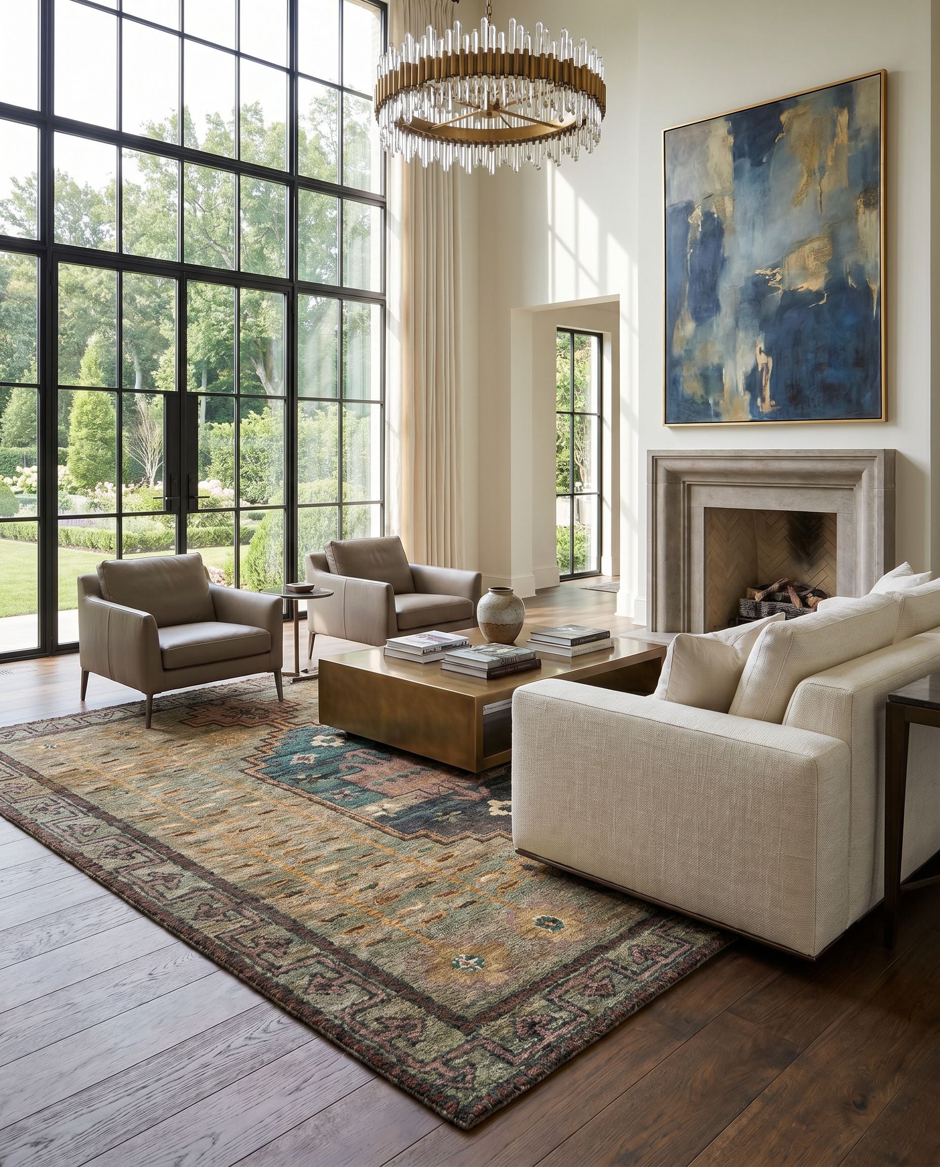 Scarborough SCR-5161 Hand Knotted Rug as the centerpiece of a bright luxury living room — a hand knotted global area rug in medium green, sage, dusty pink and burnt orange tones