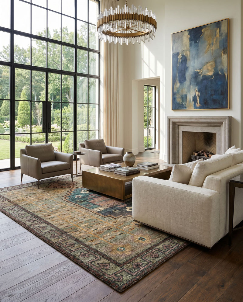 Scarborough SCR-5161 Hand Knotted Rug as the centerpiece of a bright luxury living room — a hand knotted global area rug in medium green, sage, dusty pink and burnt orange tones
