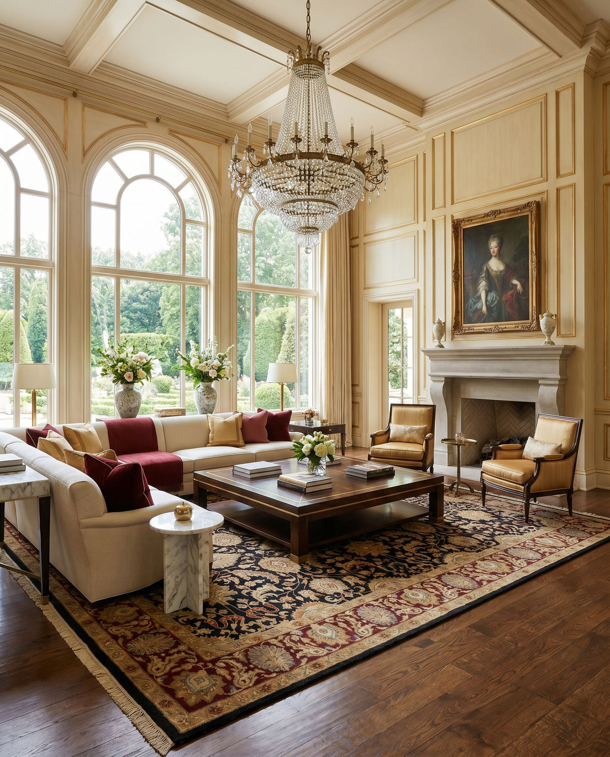 Taj Mahal TJ-6576 Hand Knotted Rug as the centerpiece of a bright luxury living room — a hand knotted traditional area rug in black, rust, olive and light brown tones