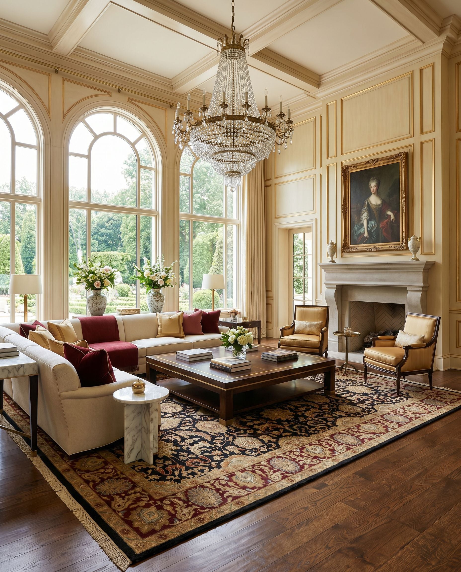 Taj Mahal TJ-6576 Hand Knotted Rug as the centerpiece of a bright luxury living room — a hand knotted traditional area rug in black, rust, olive and light brown tones