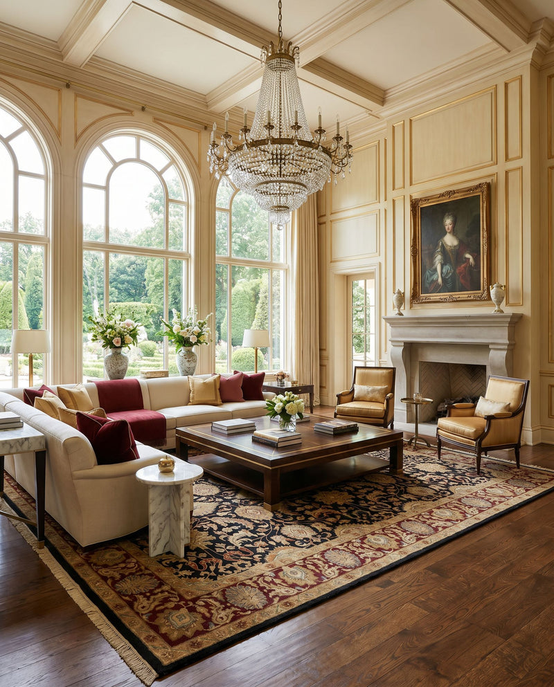 Taj Mahal TJ-6576 Hand Knotted Rug as the centerpiece of a bright luxury living room — a hand knotted traditional area rug in black, rust, olive and light brown tones