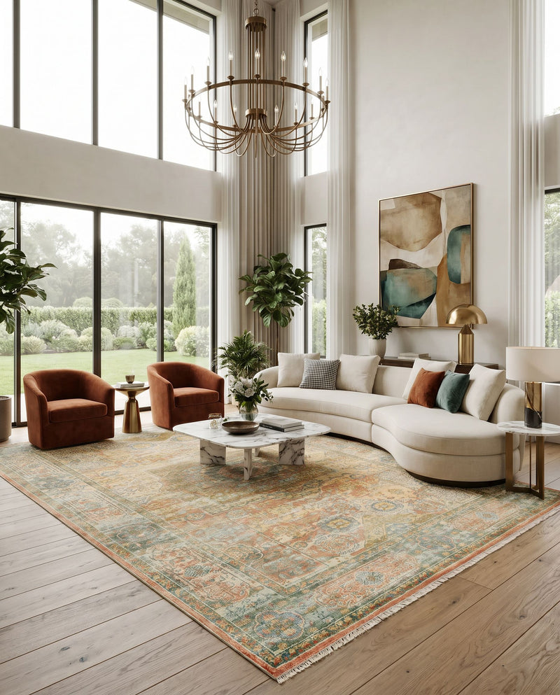 Hamadan HAM-2304 Hand Knotted Rug as the centerpiece of a bright luxury living room — a hand knotted traditional area rug in beige, dusty coral, teal and rust tones