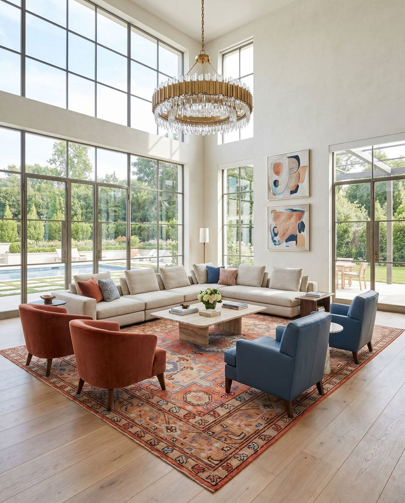 Kars KSA-2305 Hand Knotted Rug as the centerpiece of a bright luxury living room — a hand knotted traditional area rug in coral, blue, pale blue and tan tones