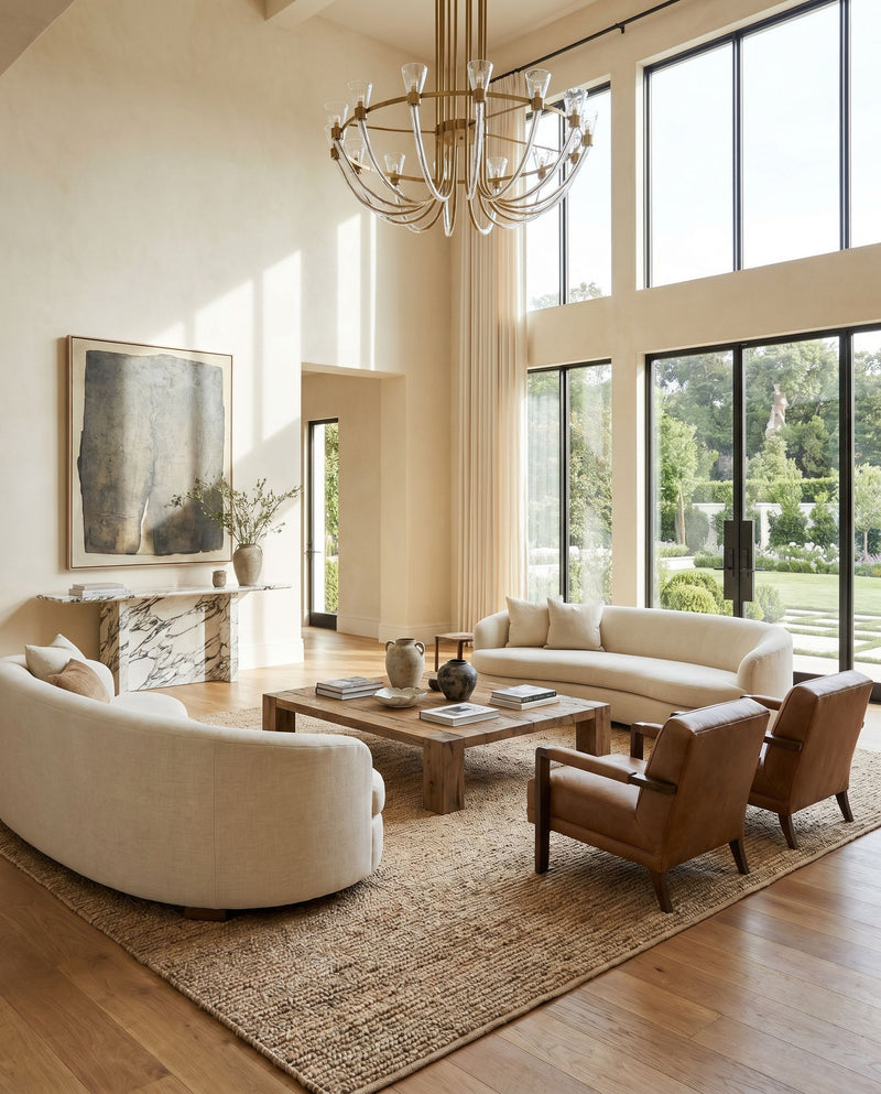 Continental COT-1931 Hand Woven Rug as the centerpiece of a bright luxury living room — a hand woven cottage area rug in tan tones
