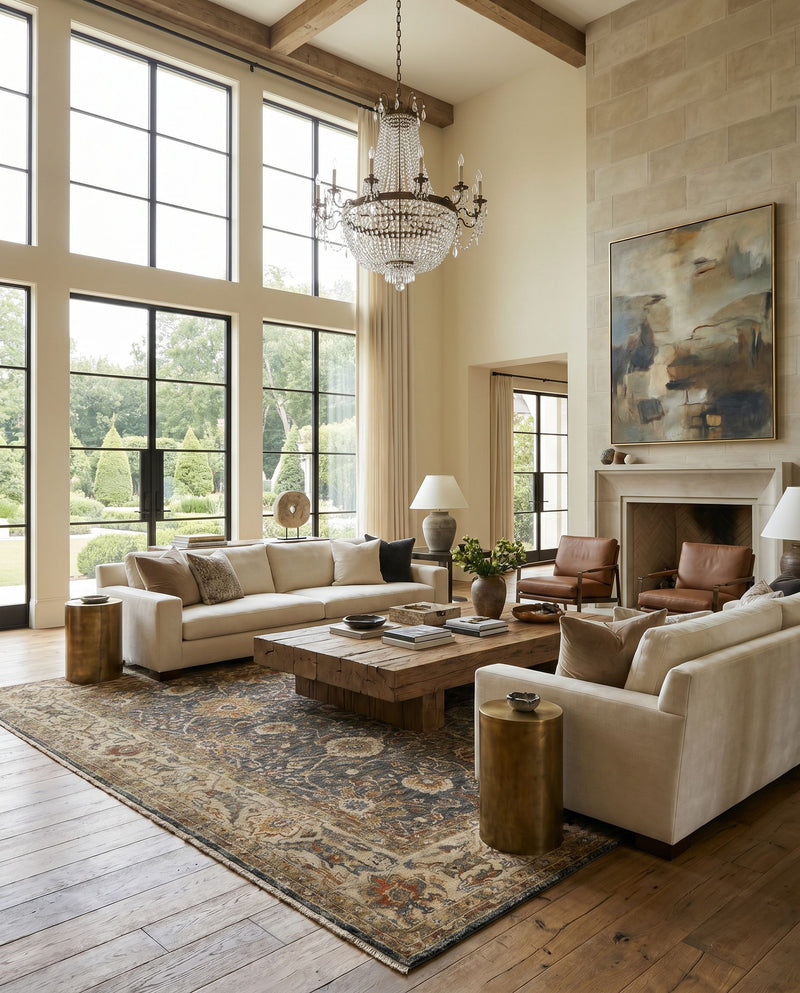 Anatolia ANY-2301 Hand Knotted Rug as the centerpiece of a bright luxury living room — a hand knotted traditional area rug in medium green, rust, olive and beige tones