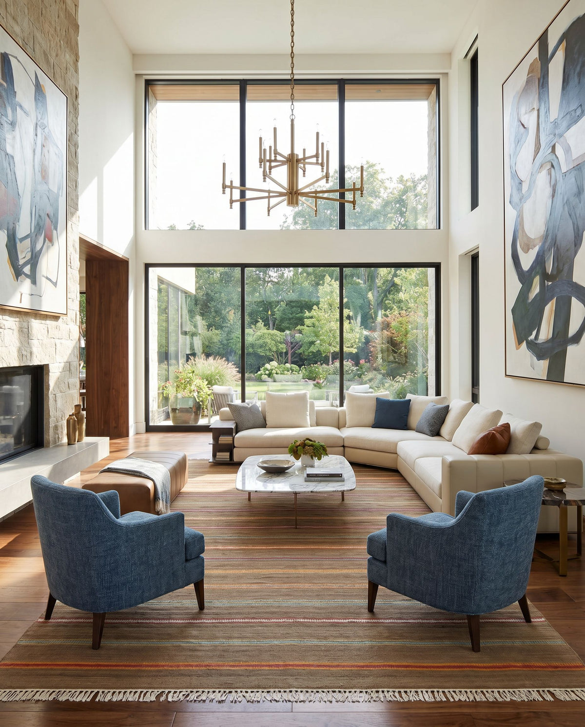 Miguel MIG-5007 Hand Woven Rug as the centerpiece of a bright luxury living room — a hand woven cottage area rug in dark brown, light blue, burgundy and olive tones