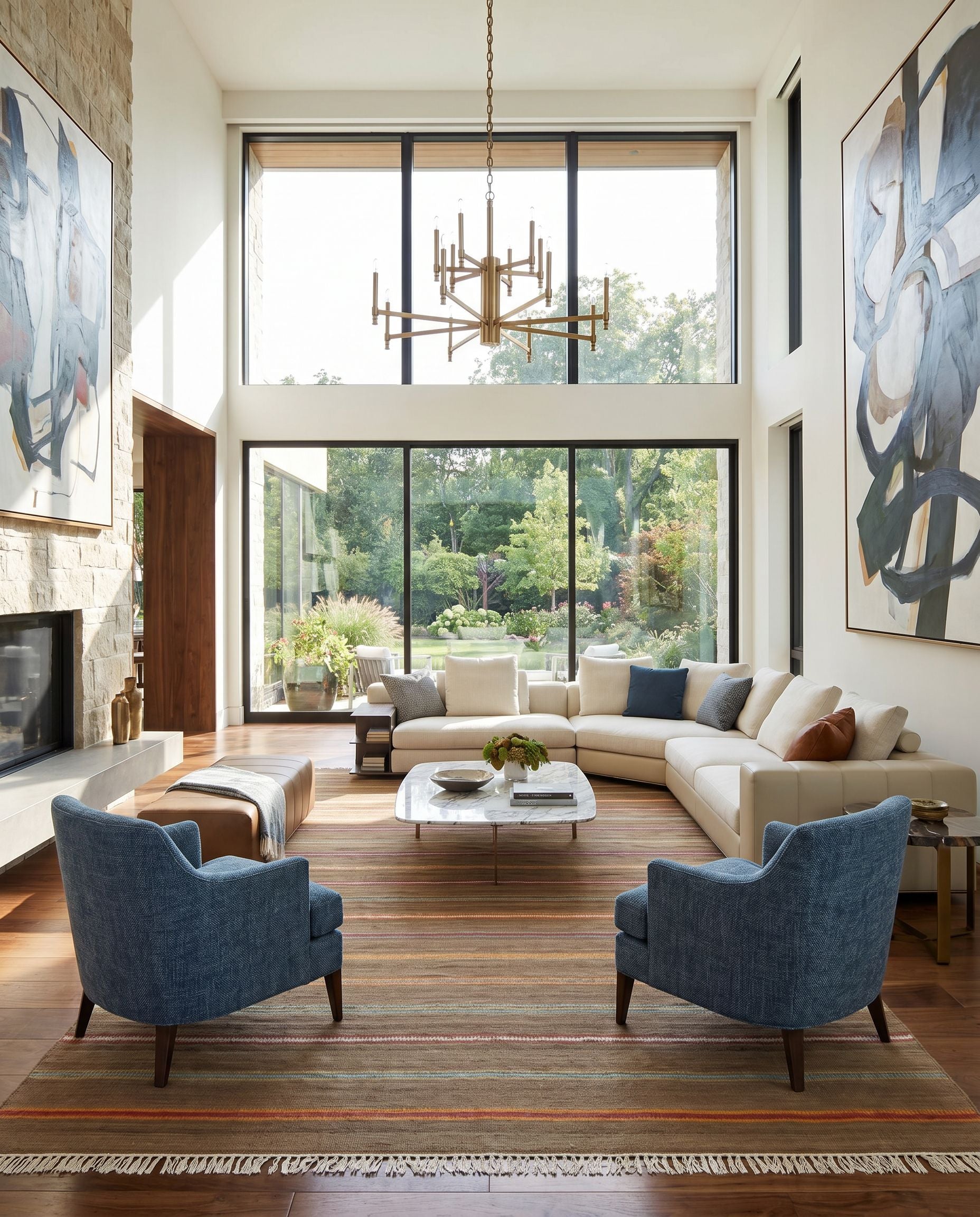 Miguel MIG-5007 Hand Woven Rug as the centerpiece of a bright luxury living room — a hand woven cottage area rug in dark brown, light blue, burgundy and olive tones