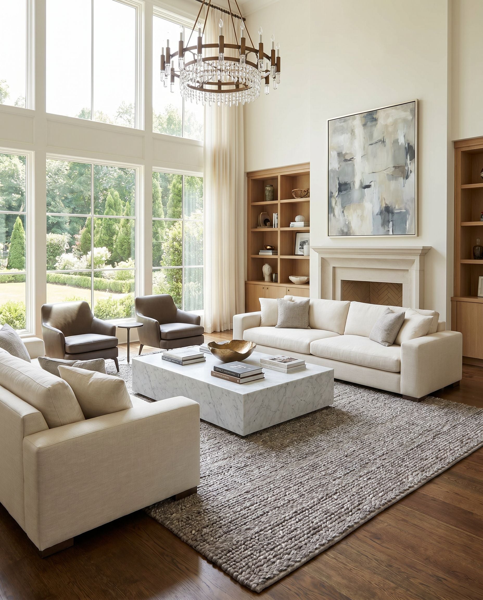 Tahoe TAH-3702 Hand Woven Rug as the centerpiece of a bright luxury living room — a hand woven modern area rug in charcoal, brown and ivory tones