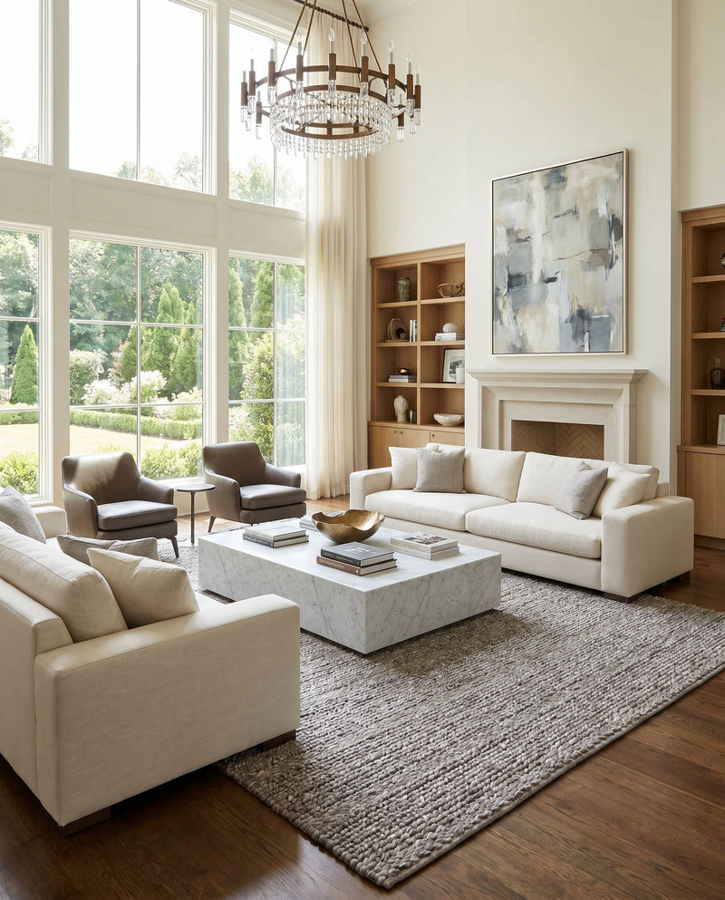 Tahoe TAH-3702 Hand Woven Rug as the centerpiece of a bright luxury living room — a hand woven modern area rug in charcoal, brown and ivory tones