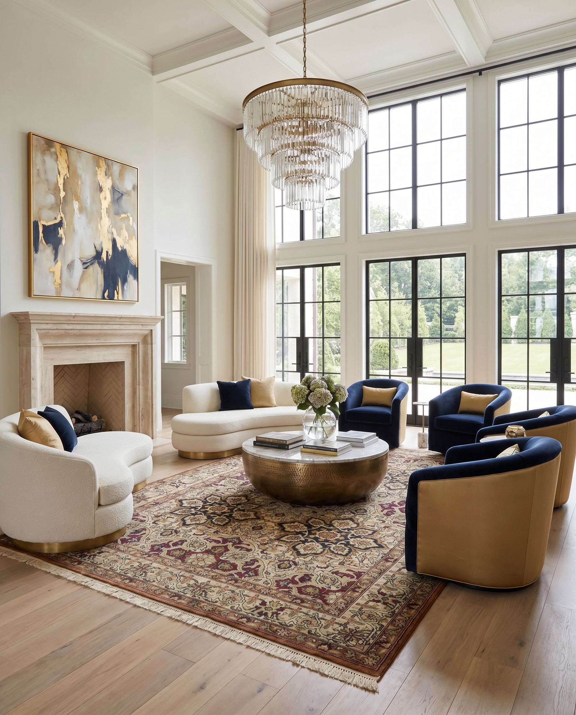 Taj Mahal TJ-11 Hand Knotted Rug as the centerpiece of a bright luxury living room — a hand knotted traditional area rug in light brown, brown, amber and mustard tones