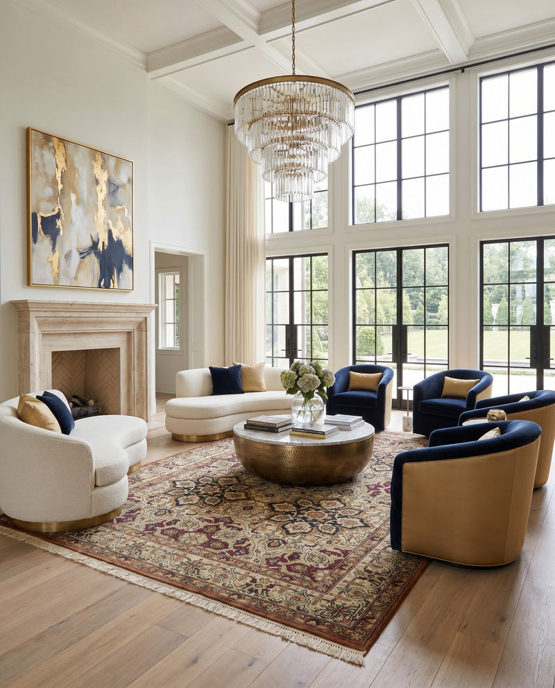 Taj Mahal TJ-11 Hand Knotted Rug as the centerpiece of a bright luxury living room — a hand knotted traditional area rug in light brown, brown, amber and mustard tones